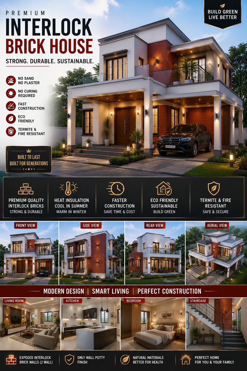 Premium interlock brick house — front, side, rear and aerial views with interiors