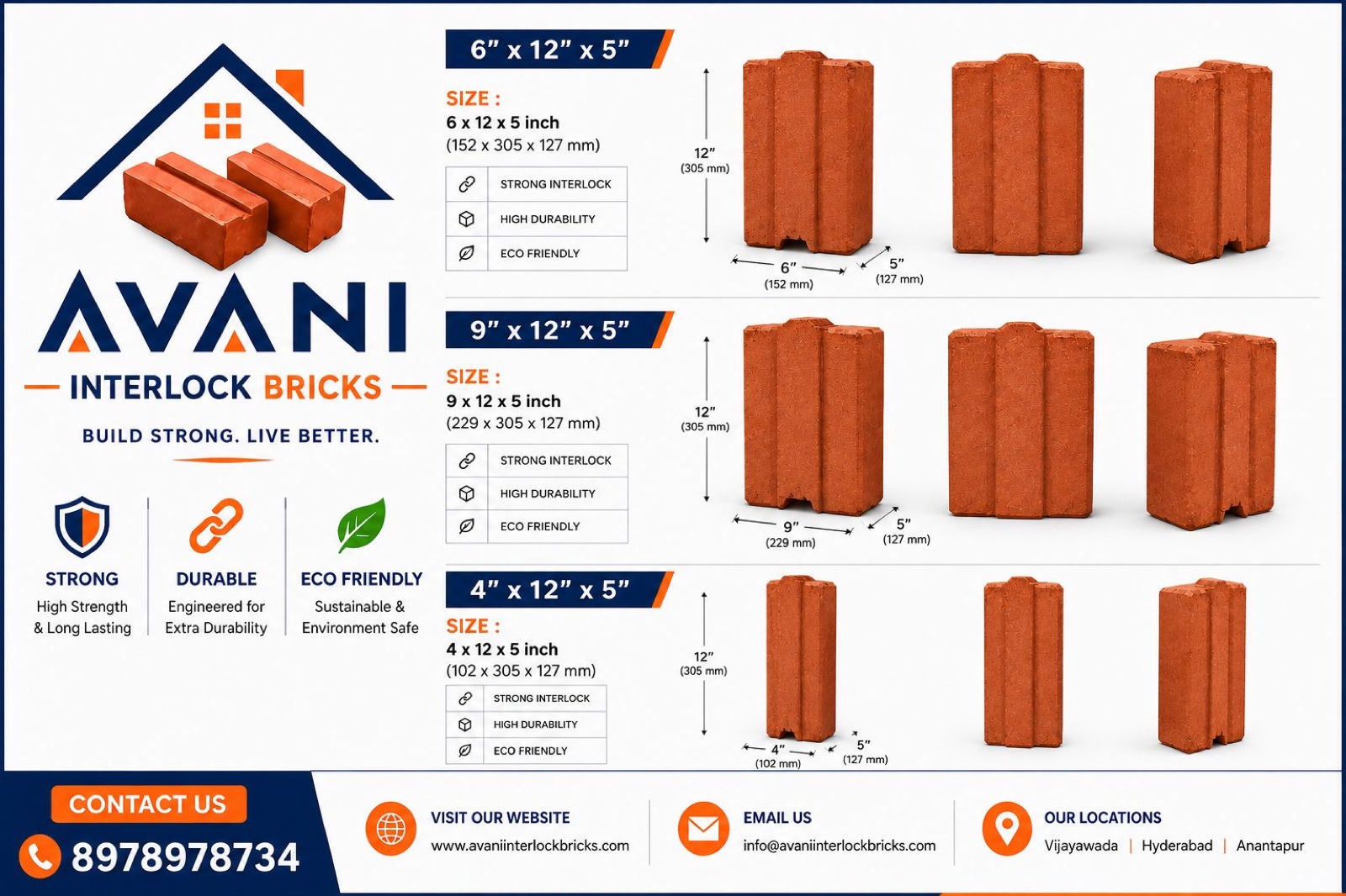 Avani interlock brick sizes — 9, 6 and 4 inch with full dimensions