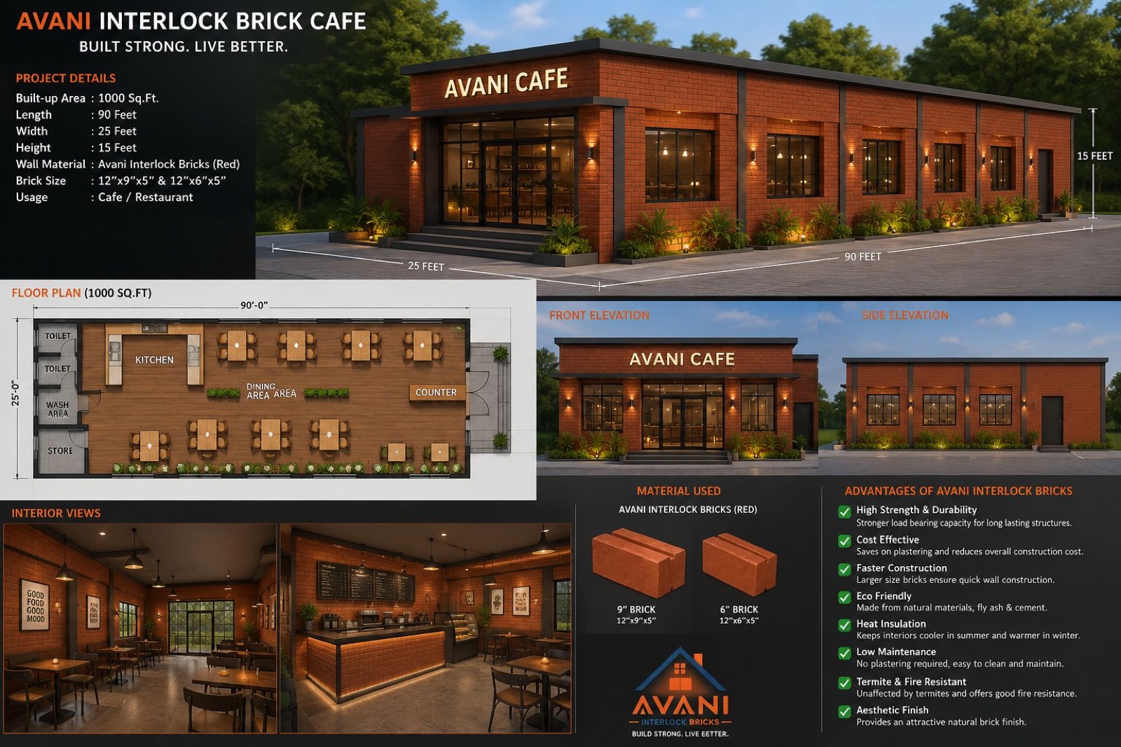 Avani interlock brick cafe project — 1000 sq ft floor plan, elevations and interior views