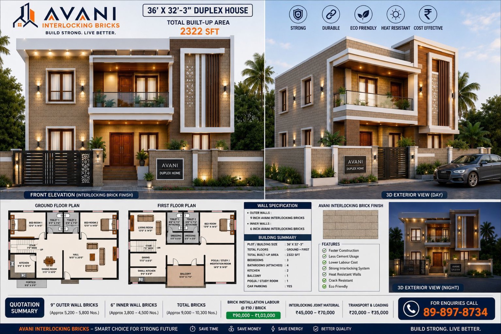 Avani duplex house plan — 36 x 32 feet, 2322 sq ft, with elevations, 3D views and floor plans