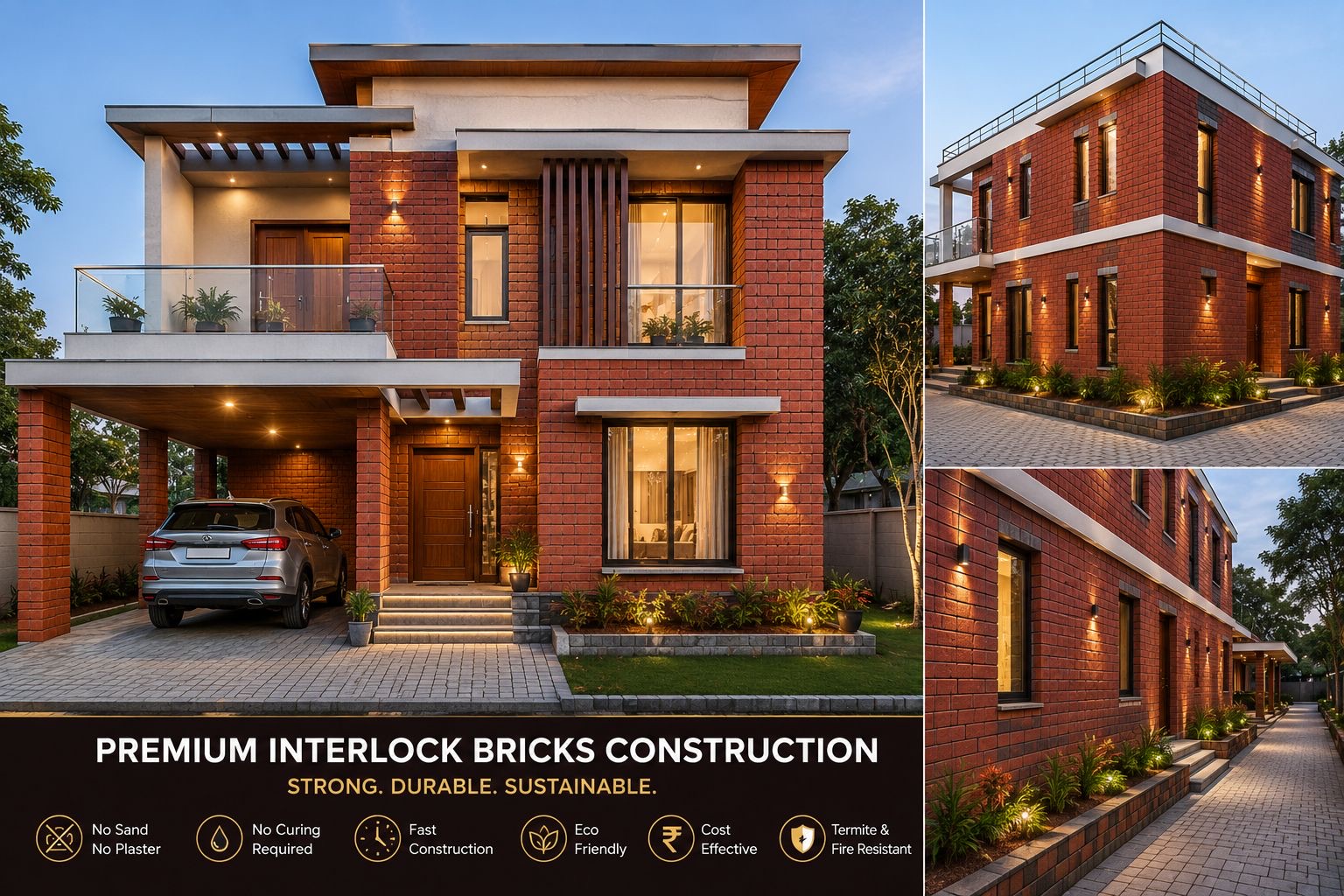 Premium interlock bricks construction — a modern two-storey red brick home shown from three angles