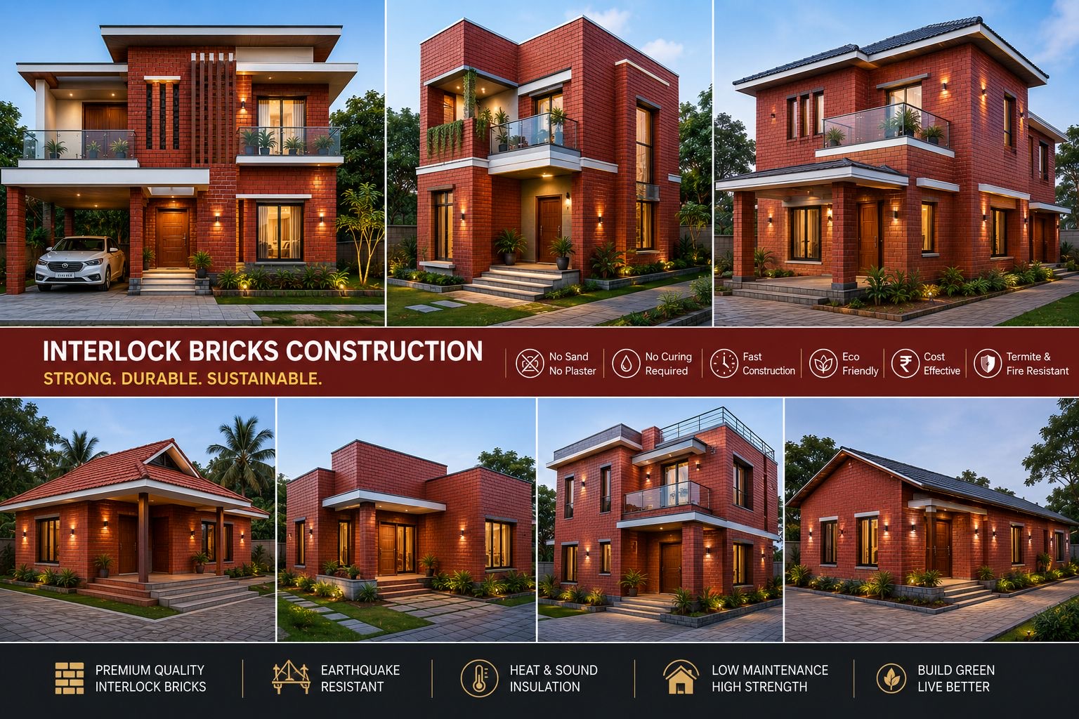 Interlock bricks construction — seven red brick house designs, strong, durable and sustainable
