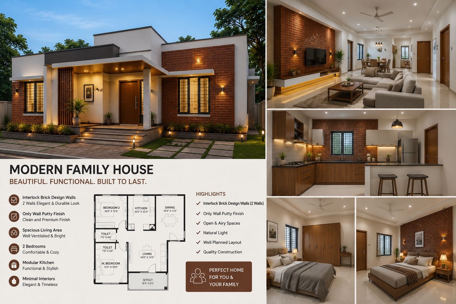 Avani modern family house — brick-and-white exterior, living room, modular kitchen, bedrooms, 2 BHK floor plan and build highlights