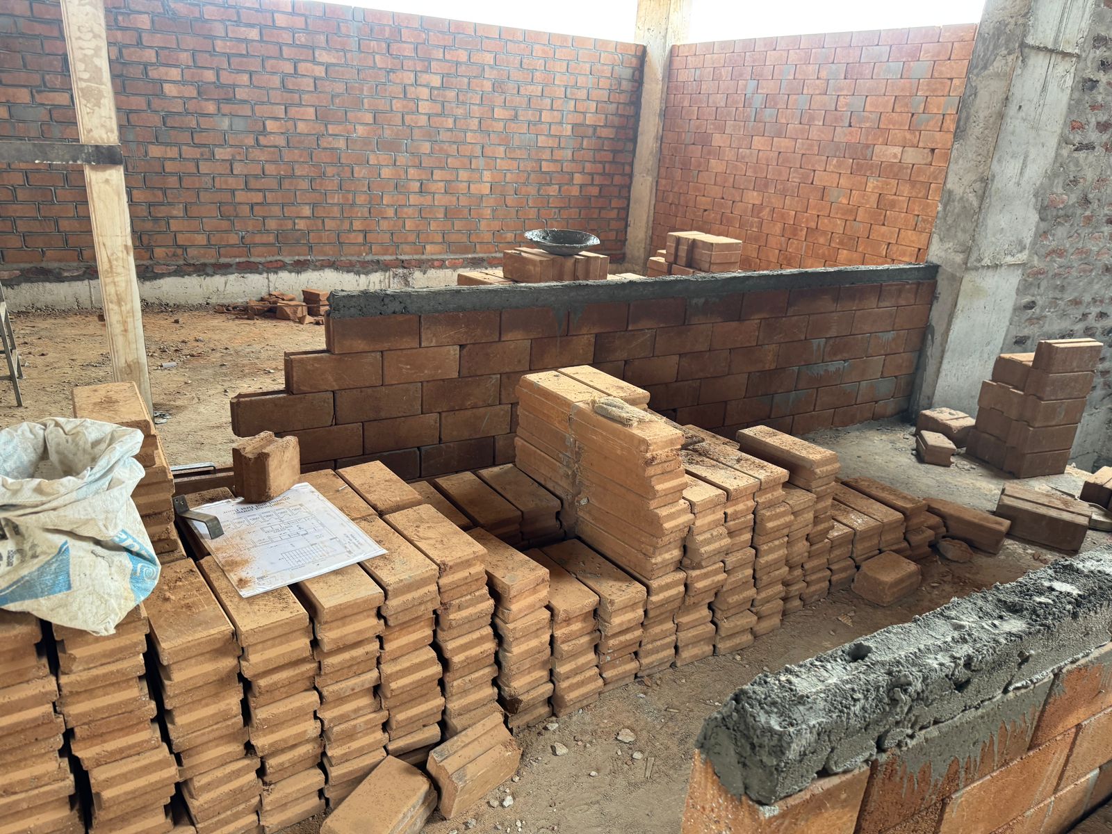 Interlock brick wall under construction