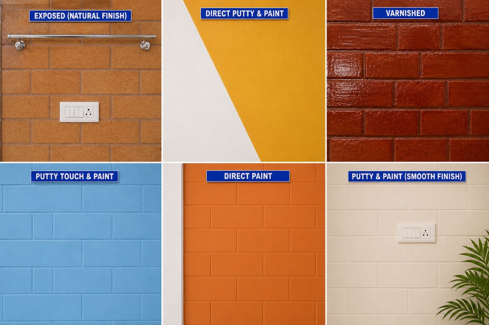 Six wall finish options on Avani interlock bricks — exposed, putty, paint and varnished